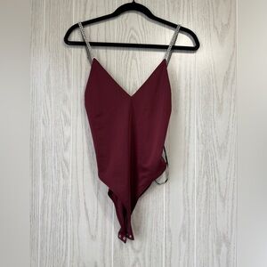 Forever 21 Maroon Satin Like Body Suit with Rhinestone Straps Size S NWOT